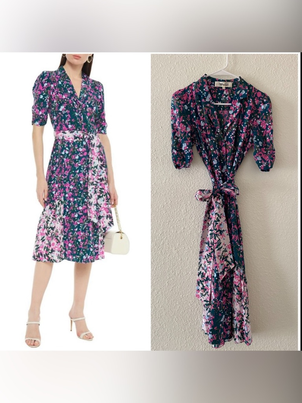 DIANE VON FURSTENBERG FLORALPRINT WRAP SILK CREPE DE CHINE SHIRT MIDI DRESS PINK